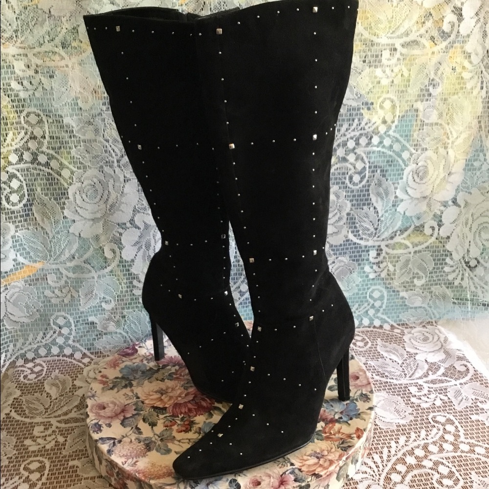 Sexy Black Studded Suede Leather Knee High Boots-9
